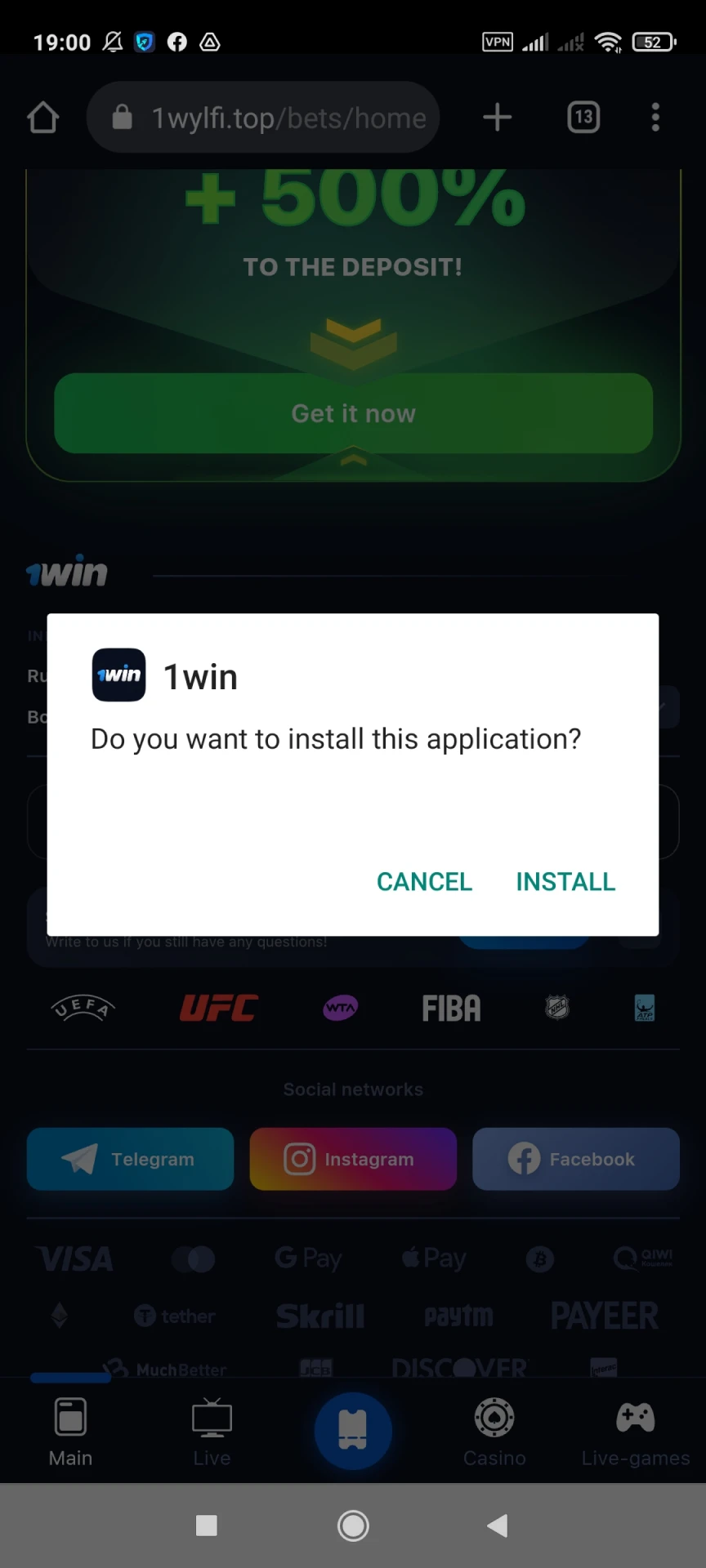 Confirm installation of the 1win app.