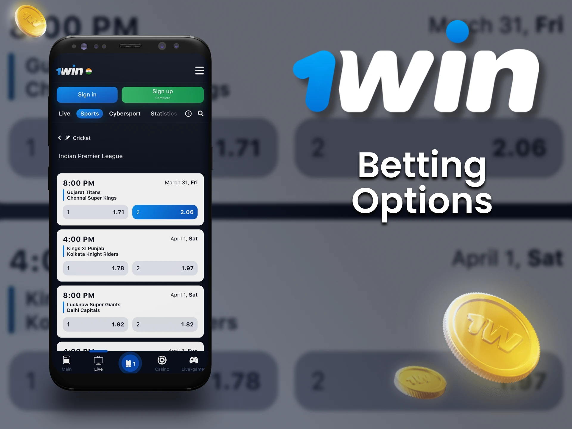 Betting options for sports in the 1win app.