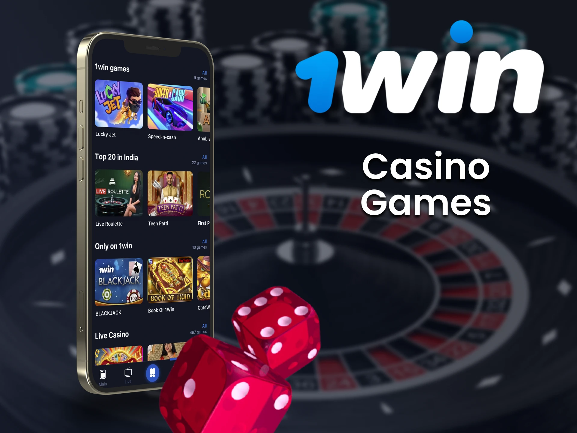 Large selection list of casino games in 1win app.
