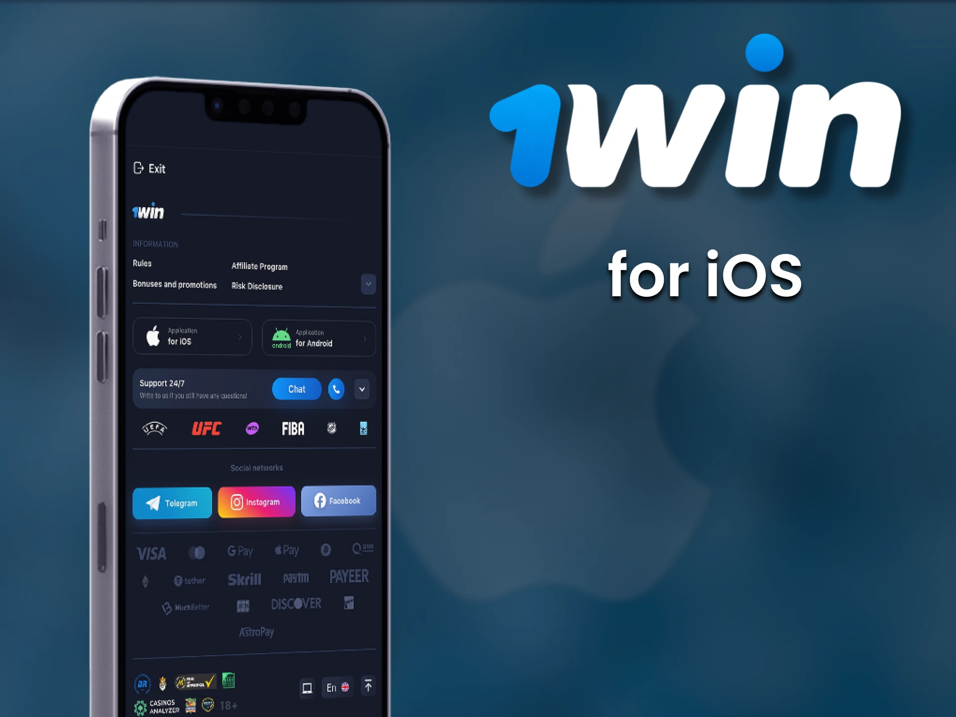 Install the 1win application on your iOS device.