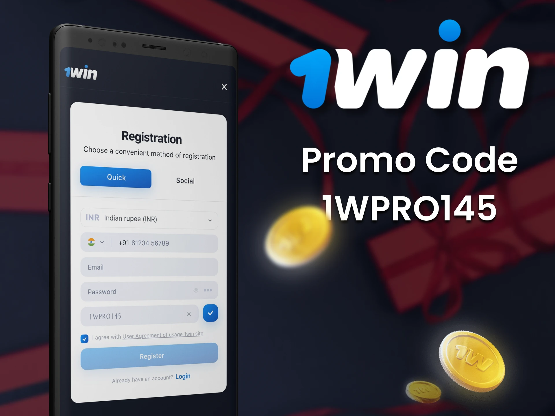 Use the promo code in the 1win app to get a bonus.