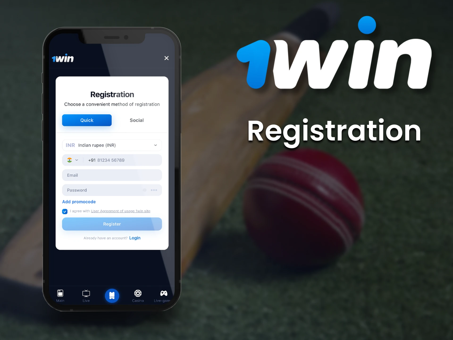 Go through the 1win account registration process through the application.