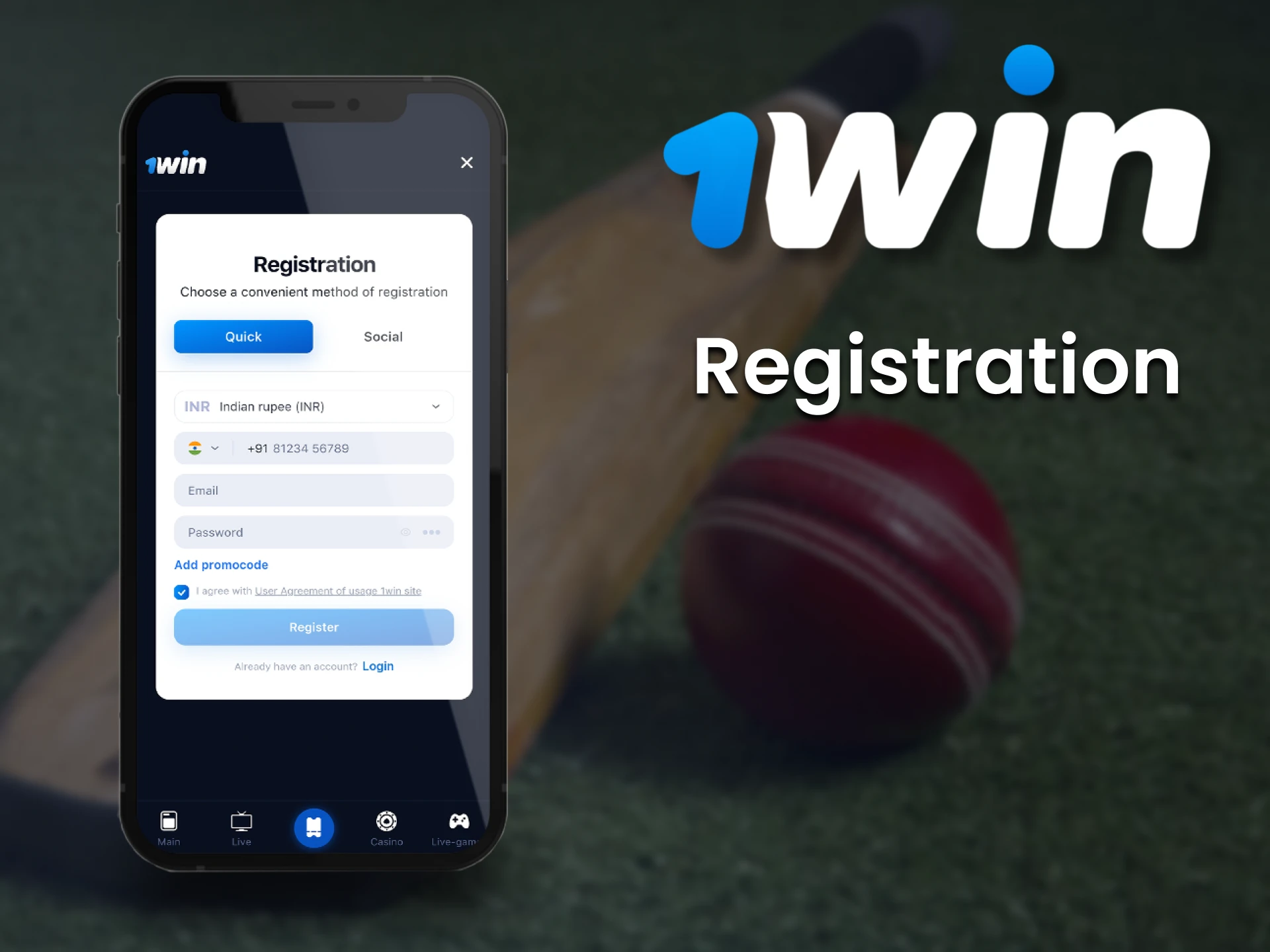 You can register an account through 1Win app in 4 easy steps.