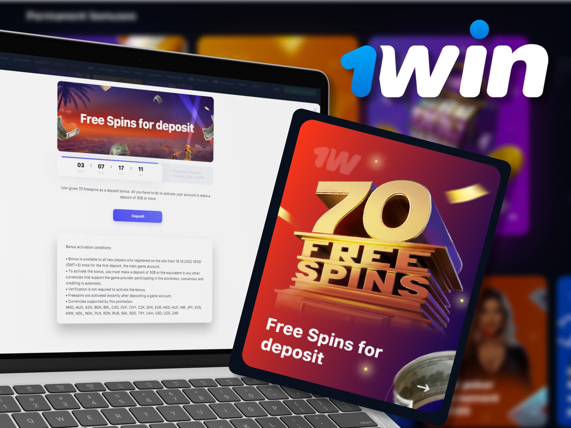 Get a 1win bonus of 70 free spins per deposit on video games.