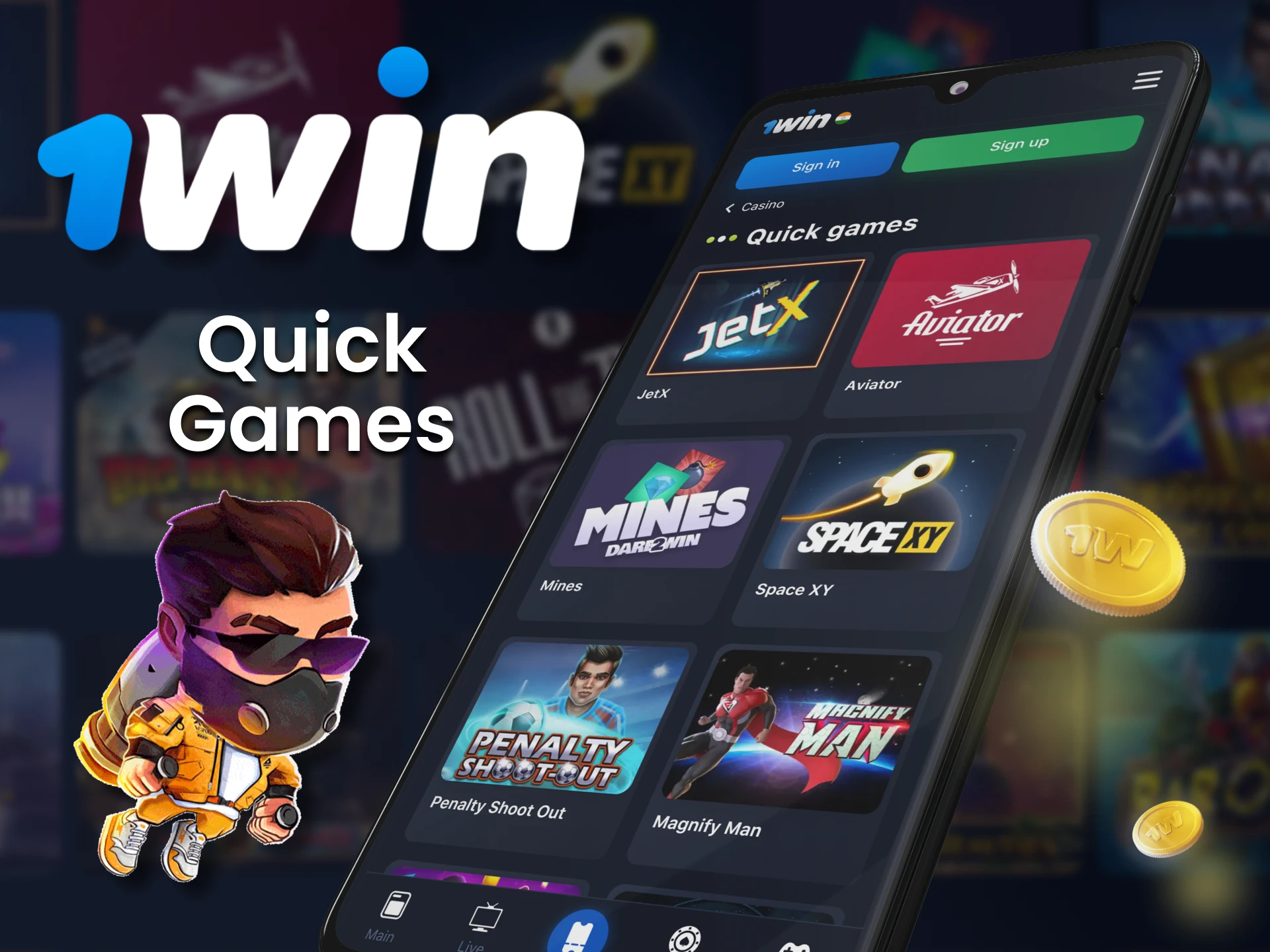 On 1Win, play quick games on your phone.