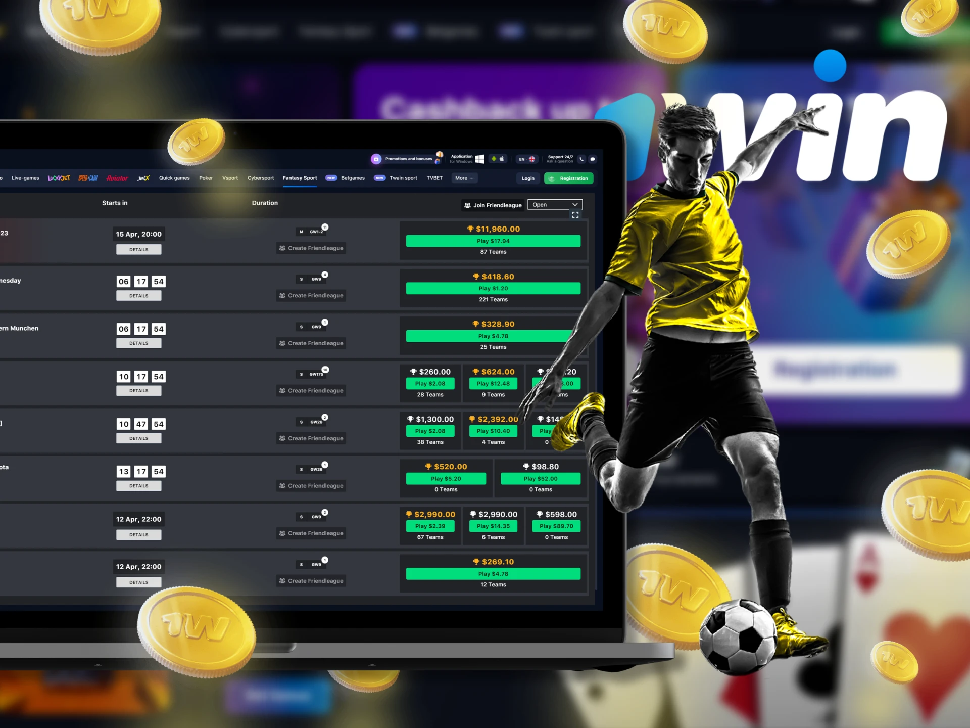 At 1Win you can bet on football, basketball and cricket fantasy sports.