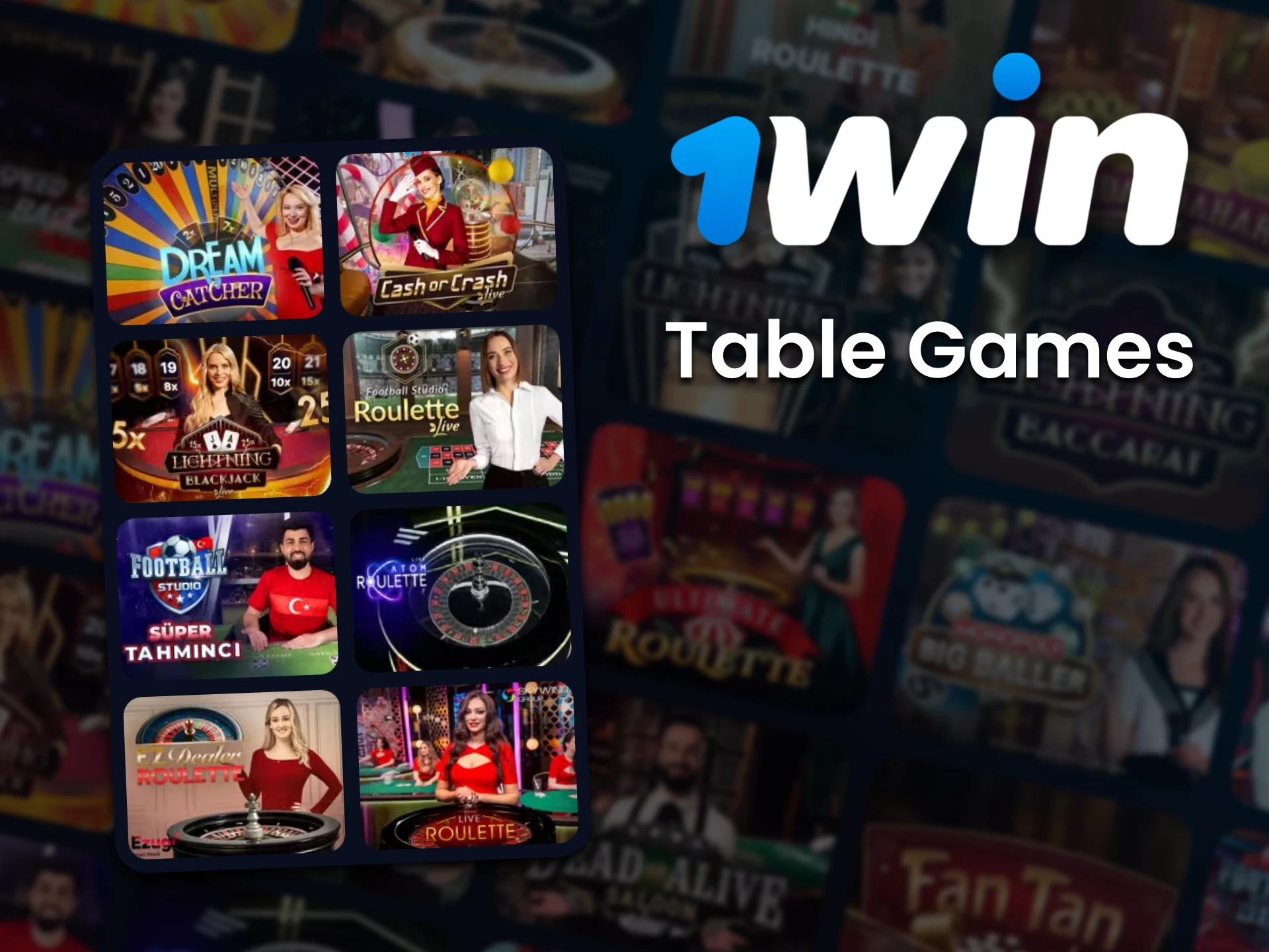 Discover many different table games at 1Win casino with live dealers.