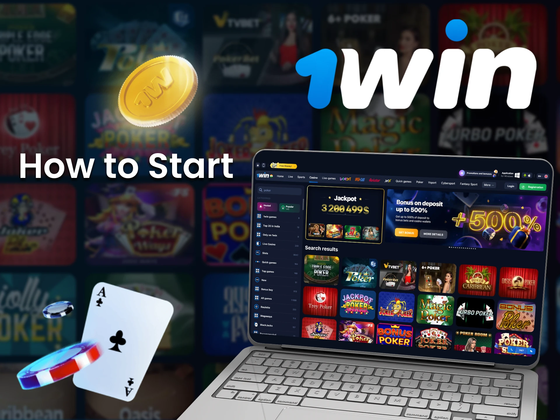 Go to the desired 1win section to play poker.