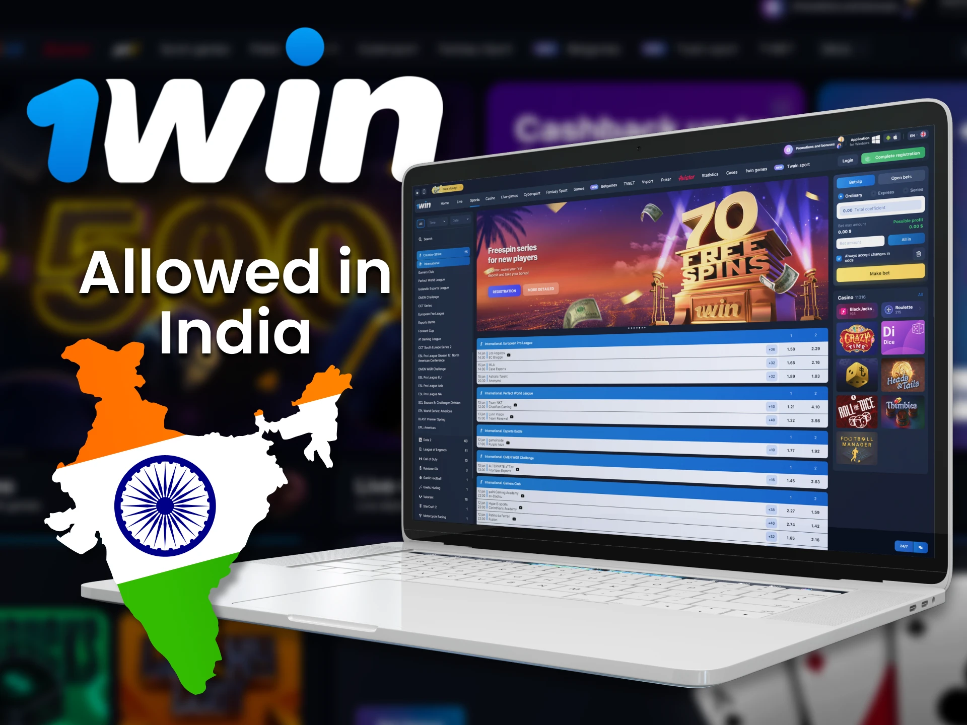 You can play casinos and bet on sports with 1win, in India legally.