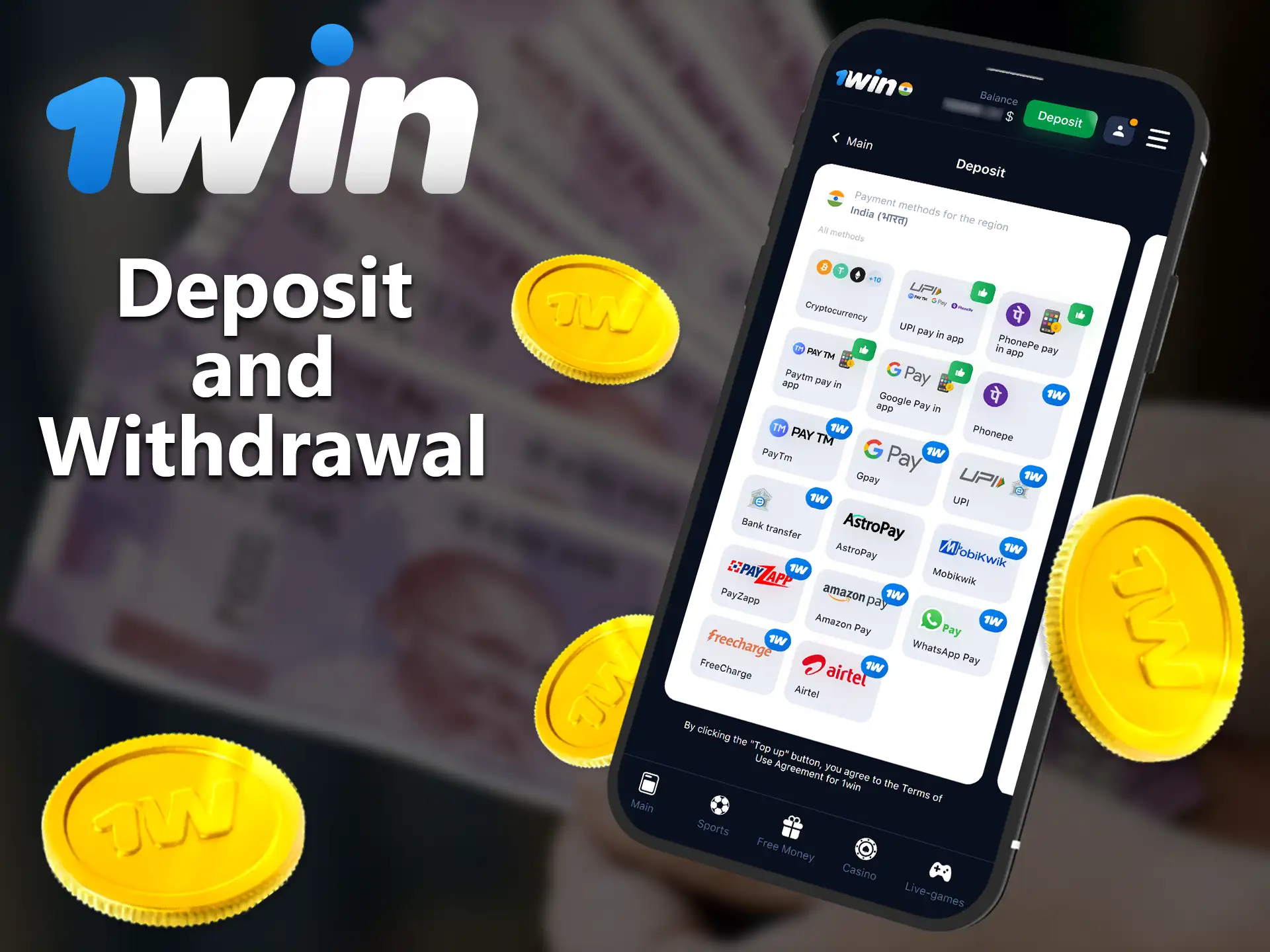 Deposit and withdraw funds directly on the go using the 1Win app for Android and iOS.